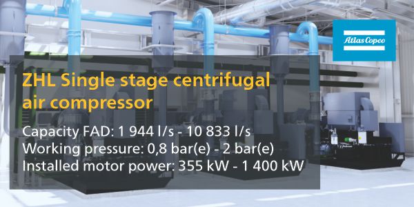 Atlas Copco advert for there ZHL single stage centrifugak air cmpressor.